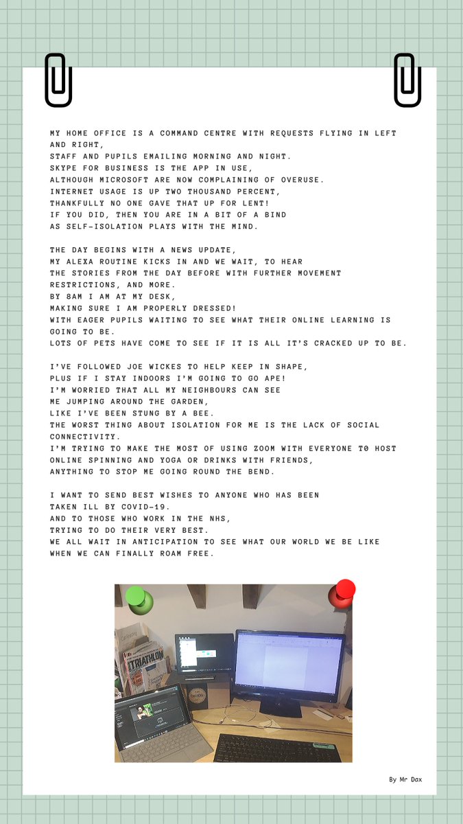 QASCaversham's tweet photo. 🏡💻The next entry from our #QASEnglish poetry competition comes from #QASComputerScience teacher Mr Dax, who writes about his new #remoteworking routine 💻🏡 https://t.co/QSxupLg6gS