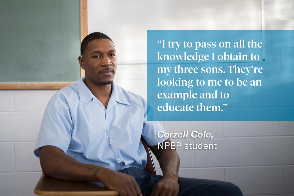 NorthwesternU's tweet photo. Corzell Cole discusses his @NUPrisonEd journey: "Professor Lackey was there with me from the beginning, helping me work on reading comprehension and writing. Not only did I pass the GED, but I feel confident taking the same classes as Northwestern students on Evanston’s campus." https://t.co/sDylXEQkit
