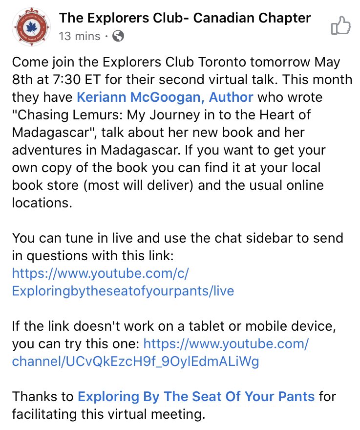 KeriannMcGoogan's tweet photo. Come join me tomorrow at the Explorers Club to learn more about #ChasingLemurs! https://t.co/j8LUU886zh