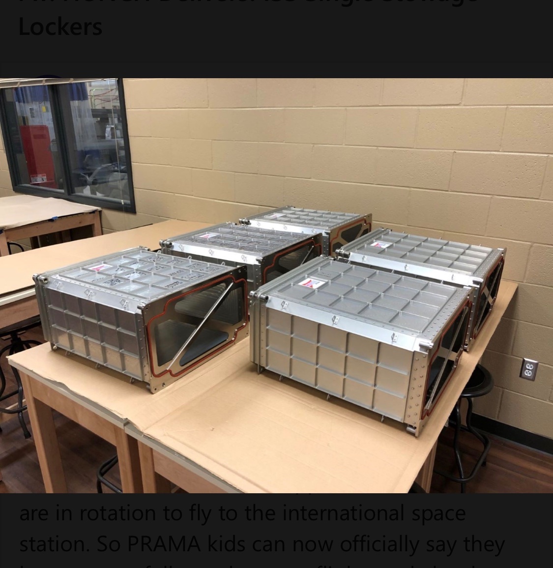 PR_Manufact's tweet photo. We got some cool news this morning. The parts we made for NASA have been approved, assembled and are in rotation to fly to the international space station. So PRAMA kids can now officially say they have successfully made space-flight ready hardware. https://t.co/btuAFGtc6N