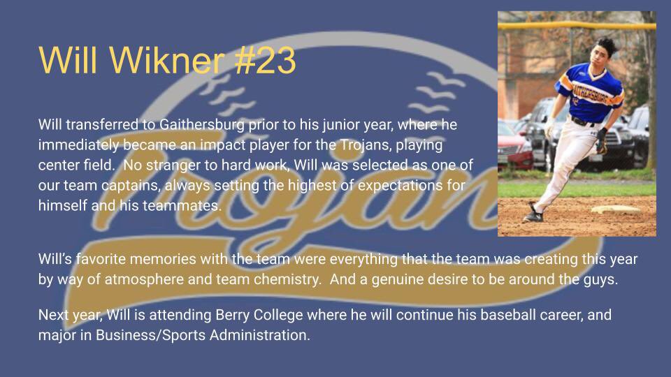 Today’s senior spotlight is outfielder, Will Wikner. His desire to be great is infectious, continually impacting others around him. You can always count on Will to be working hard regardless of what is asked of him.