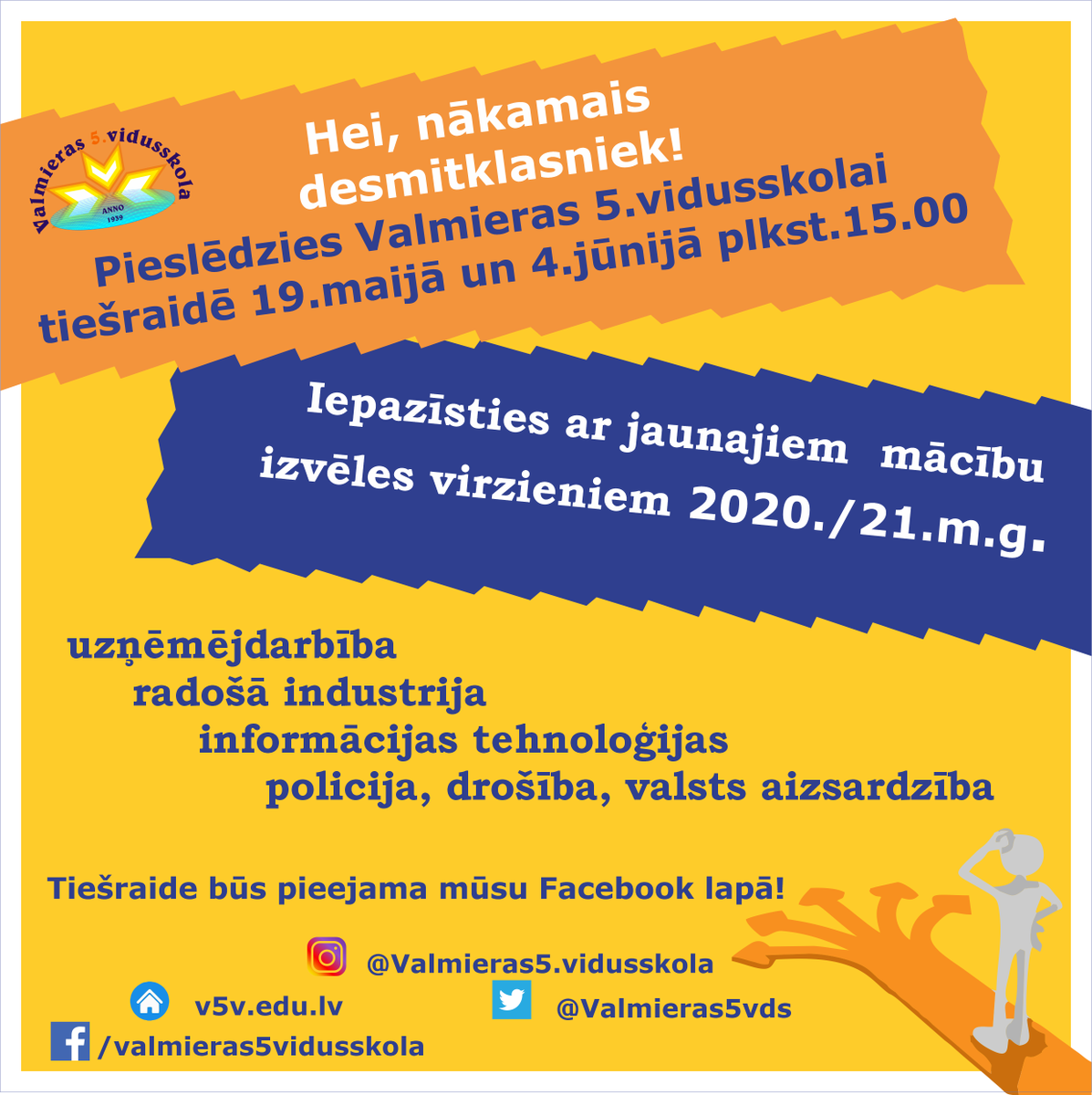 Topošais desmitklasniek, 19. maijā un 4.jūnijā pieslēdzies mūsu Facebook Live video, uzzini par mācībām un dzīvi Valmieras 5.vidusskolā, pajautā sev interesējošos jautājumus!