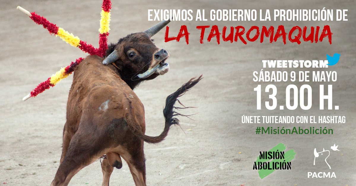 ✊ Este sábado, 9 de mayo, es Misión Abolición.

❗️ No podemos salir a manifestarnos, pero alzaremos la voz tuiteando a partir de las 13.00 h con el hashtag #MisiónAbolición. 📲 

¡Te necesitamos para exigir al Gobierno que no rescate a la tauromaquia y que la prohíba por ley! ✊