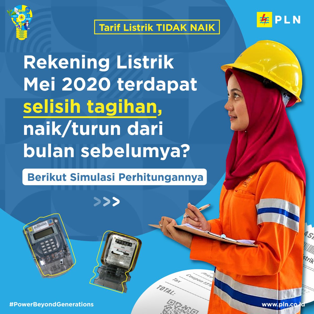 _pln_id's tweet photo. Electrizen, Tagihan rekening listrik bulan Mei 2020 terdapat SELISIH TAGIHAN, Naik atau Turun dari bulan sebelumnya? Mari simak simulasi perhitungan Rekening Bulan Mei 2020 pada infografis diatas. https://t.co/uIKXsfPfLf