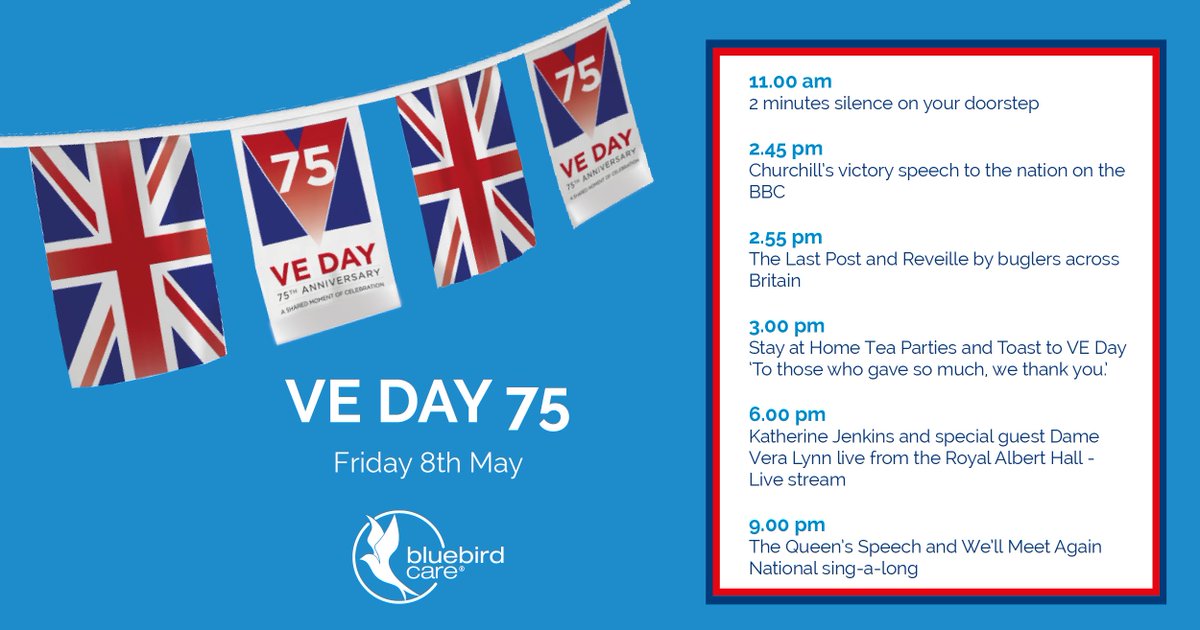 BluebirdCare's tweet photo. Tomorrow we will be celebrating the #75thAnniversary of Victory in Europe Day #VEDay 🇬🇧

Here are some of the great activities taking place that you can get involved with safely at home.

#VEDay75 
@veday75official https://t.co/1rIzE3gnpi