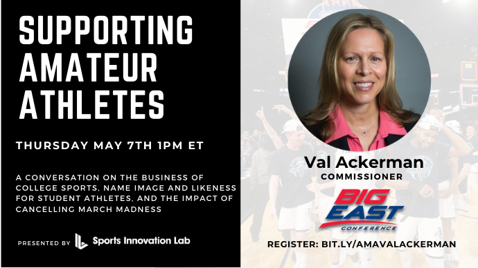 sportsilab's tweet photo. You can still register for today's AMA session! @AngelaRuggiero will discuss the business of college sports and supporting amateur athletes with @BIGEAST Conference Commissioner Val Ackerman. Tune in at 1pm EST today: https://t.co/BEf3E6k11C https://t.co/2kapXOrYWD