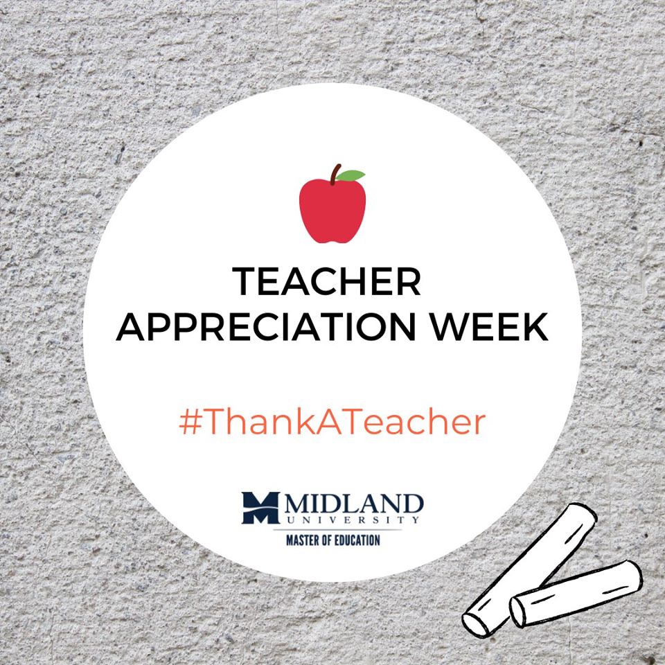 MidlandUAlumni's tweet photo. This year, #TeacherAppreciationWeek feels extra special. "Thank you" to all the teachers out there for all your hard work, dedication, passion, flexibility and humor!
#ThankATeacher #Teachers #MidlandMEd #MidlandUWalkerSchoolofEducation #MidlandUAlumni https://t.co/lpiTyBftVK