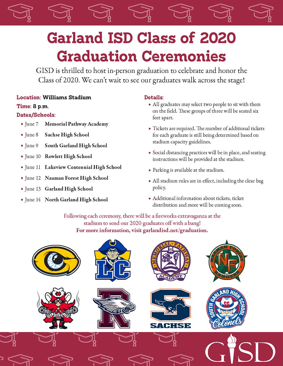 gisdnews's tweet photo. GISD is thrilled to announce we’re celebrating and honoring the Class of 2020 with in-person graduations beginning June 7 at Williams Stadium. We can’t wait to see each #GISD2020Grad walk the stage! Get details: https://t.co/CLSeXae3my https://t.co/v0B6FCePQ8