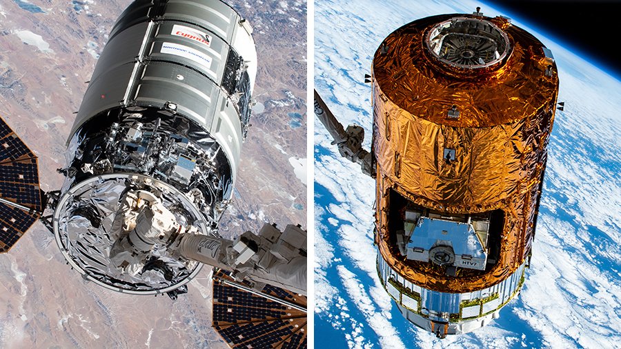 Space_Station's tweet image. The U.S. #Cygnus cargo craft from @NorthropGrumman departs the station on Monday. The Japanese HTV-9 resupply ship from @JAXA_en arrives on April 25. Read more... go.nasa.gov/2WDBY0W