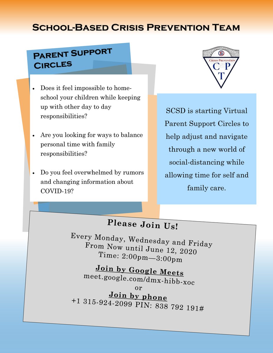 SCSchools's tweet photo. Join our Parent Support Circles on Google Meet 🤗🤝
Every Monday, Wednesday and Friday from 2 - 3 p.m. #SCSDstrong #strongertogether #passionatepeople https://t.co/8a311lptfN