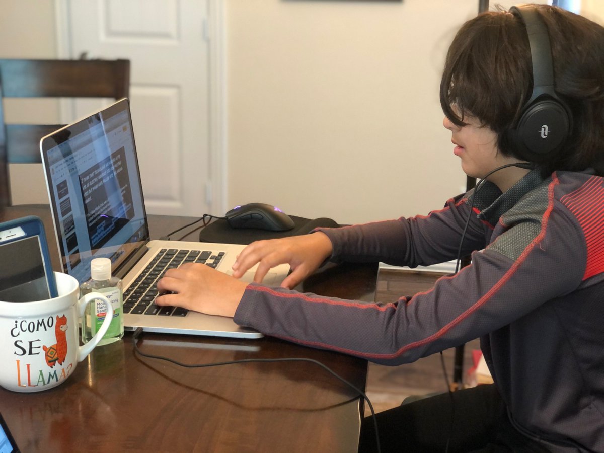 vthomas37's tweet photo. Thank you ASE Teachers! Here is our son's remote learning station. #ThanksASE, #ThankATeacher https://t.co/fRWSI6QdZC