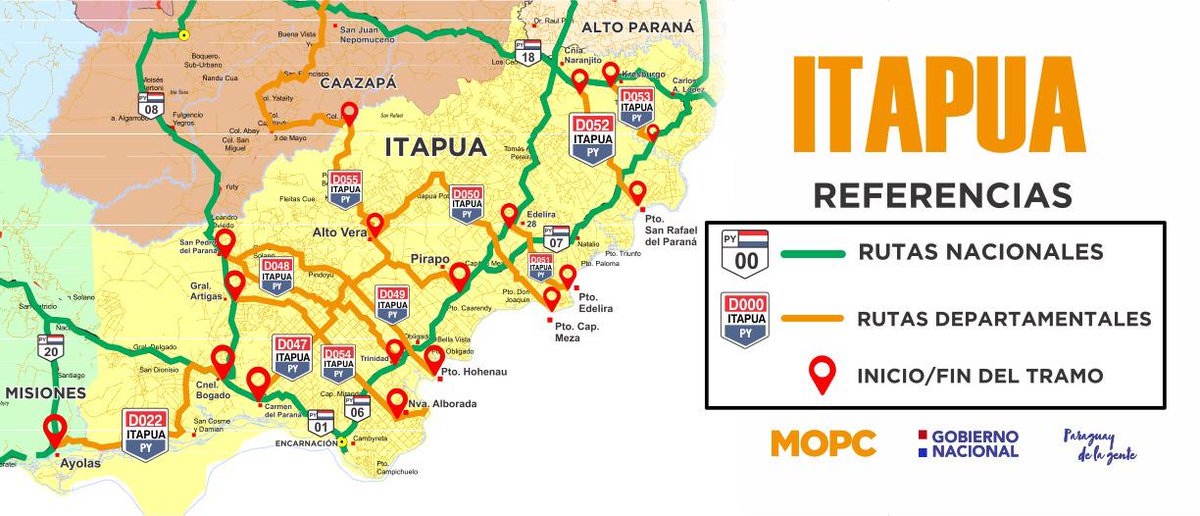 mopcparaguay's tweet photo. Hoy te invitamos a conocer las #RutasDepartamentales de Itapúa👇🏼
📍#D022 Cnel. Bogado – Ayolas
📍#D047 Carmen del Paraná – Pirapó
📍#D048 Trinidad – San Pedro del Paraná
📍#D049 Pto. Hohenau – San Pedro del Paraná
📍#D050 Pto. Cap. Meza – Alto Vera D047 https://t.co/Reqfu77yFa