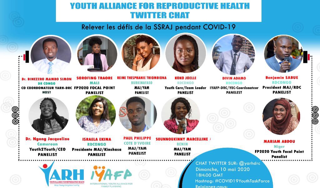 FP2030Global's tweet photo. 🔊 .@yarhdrc is hosting a Twitter chat THIS Sunday featuring our youth focal points! @MariamAbdou2 @sorofingtraore @ngongshaka01

Join to hear youth experts on #SRHR discuss their experience and how young people can become key actors in the response. #COVID19YouthTaskForce https://t.co/btOsZjoiZw
