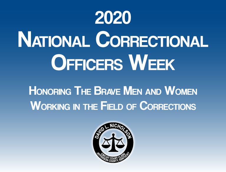 LouKyCourtClerk's tweet photo. In honor of #NationalCorrectionalOfficersWeek, we thank the brave men &amp; women working in Corrections! We are grateful for your hard work &amp; dedication, tirelessly performing an important, challenging &amp; not publicly visible job. @KACo @kentuckycourts @NACoTweets #JusticePartner https://t.co/I4vAbGUpZb