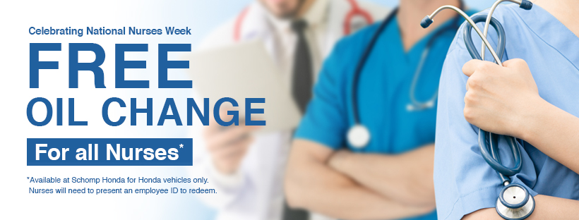 schomphonda's tweet photo. To the nurses who brave the front lines, Schomp salutes you. During #NationalNursesWeek, Schomp Honda is offering free oil changes to Colorado Nurses with a valid ID.

Learn More: https://t.co/1Gzx5KEqCq https://t.co/1Q9JZbCOIb