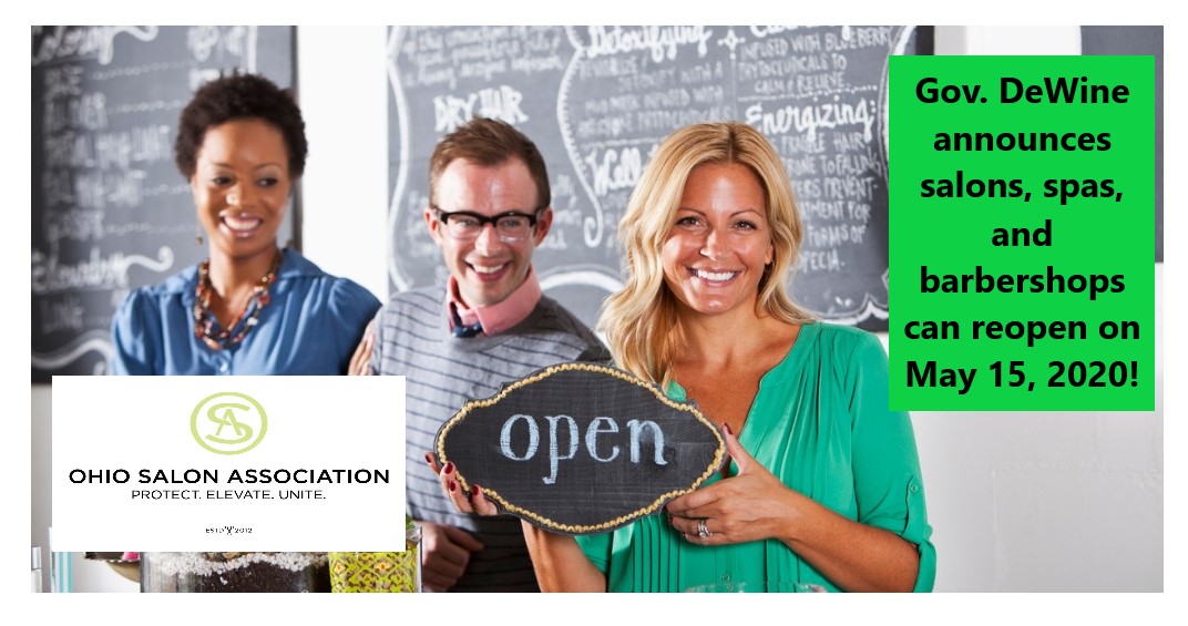 OhioSalonAssoc's tweet photo. @GovMikeDeWine announced today that #Ohio #salons, #spas, and #barbershops can reopen Friday, May 15. #ResponsibleRestartOhio #InThisTogetherOhio #supportyoursalon #supportyourbarbershop https://t.co/Ph9R3TFbft