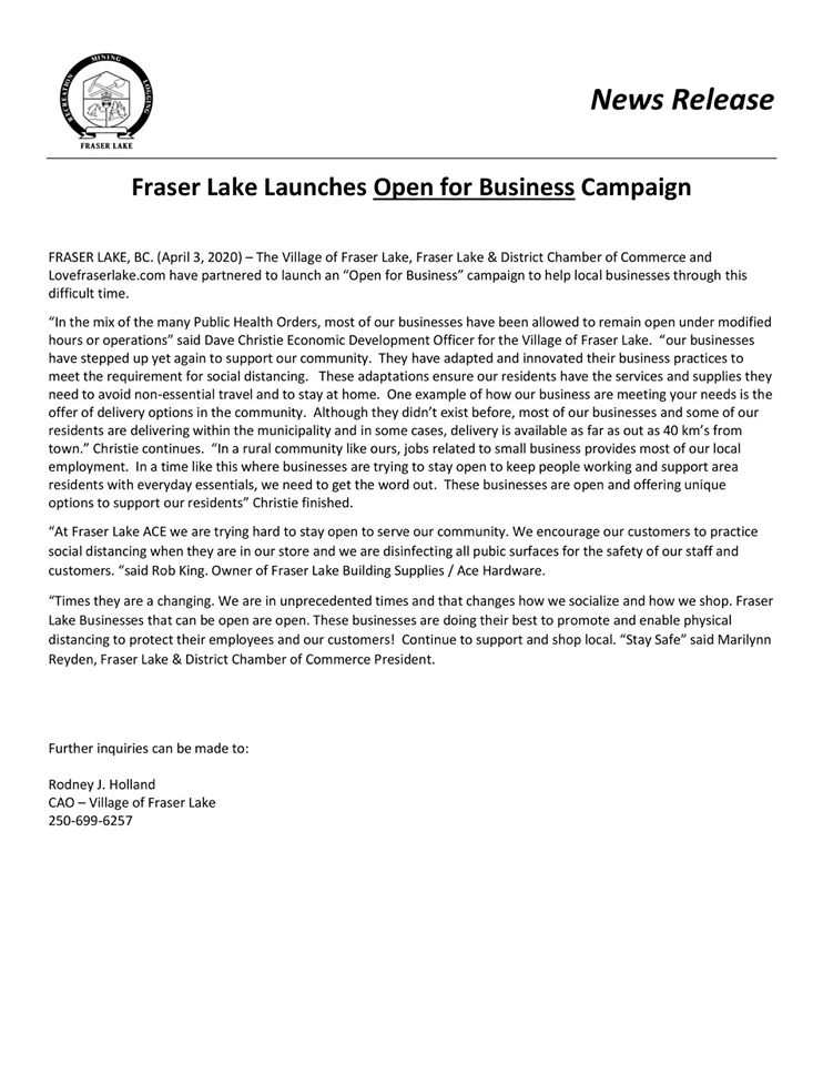 CDIatUNBC's tweet photo. Village of Fraser Lake, BC partners with their Chamber of Commerce and @LoveFraserLake to launch the #OpenforBusinessCampaign to support local businesses.#stayconnected #communitysupport #communitydevelopment #socialsupport #socialsolidarity #sharelearncommunicate #spreadhope https://t.co/qk5Hlp5wjF