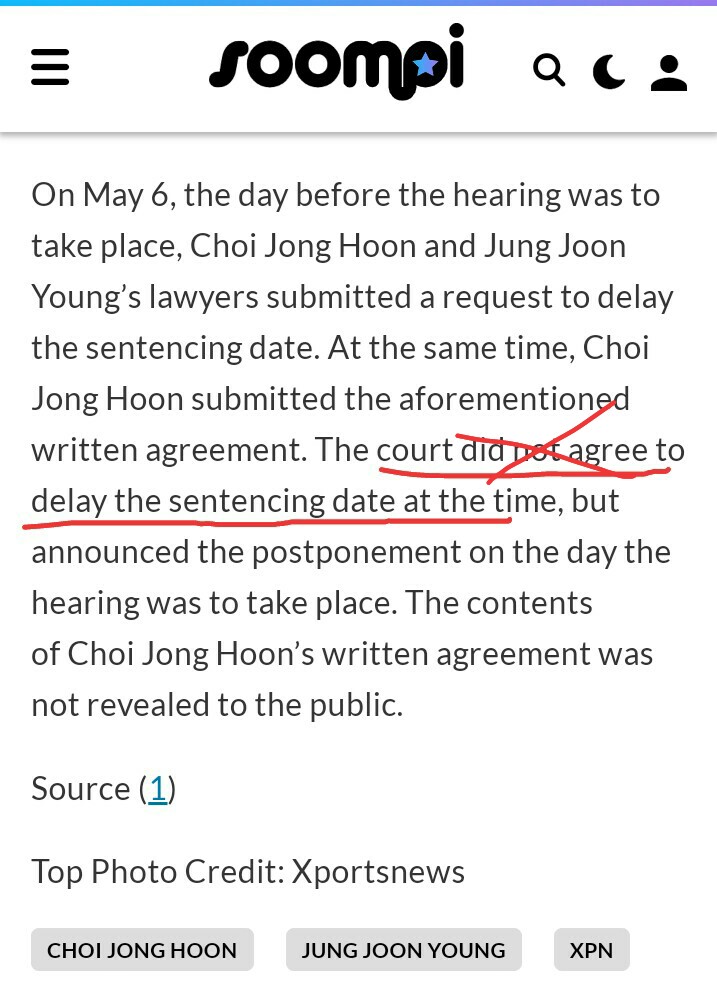 BB_VIP5ever95's tweet photo. Writer Ms. C. Hong of @soompi, I think you need to check back your article on the particular part below. On May 6-7, in fact, there was NO report found said "Court didn't agree to delay the sentencing.." bcoz there was no any decision made yet by the Court until the May 7 trial. https://t.co/GeuIr2Kwzz