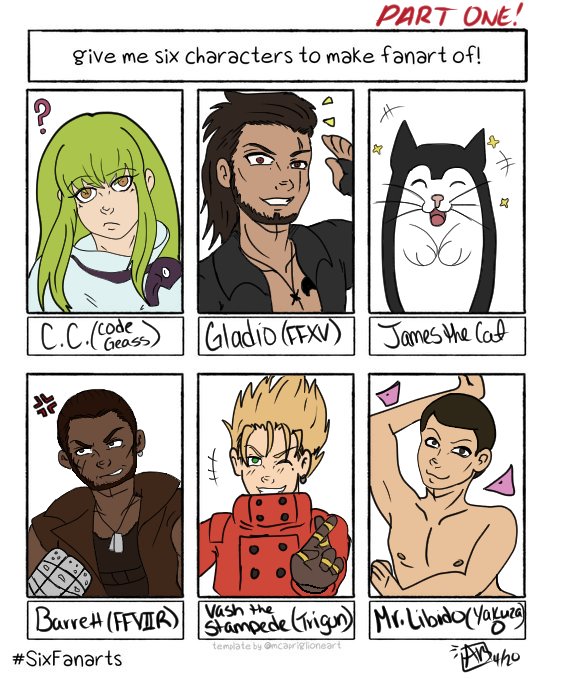 BlckroseKnight's tweet photo. Finally finished this meme too!
.
.
.
#SixFanartsChallenge #digitalart #codegeass #codegeassc2 #FinalFantasyXV #GladiolusAmicitia
#JamesTheCat #FinalFantasy7Remake #BarretWallace #trigun #VashTheStampede #Yakuza0 #Habu #MrLibido https://t.co/92Mxga93XF
