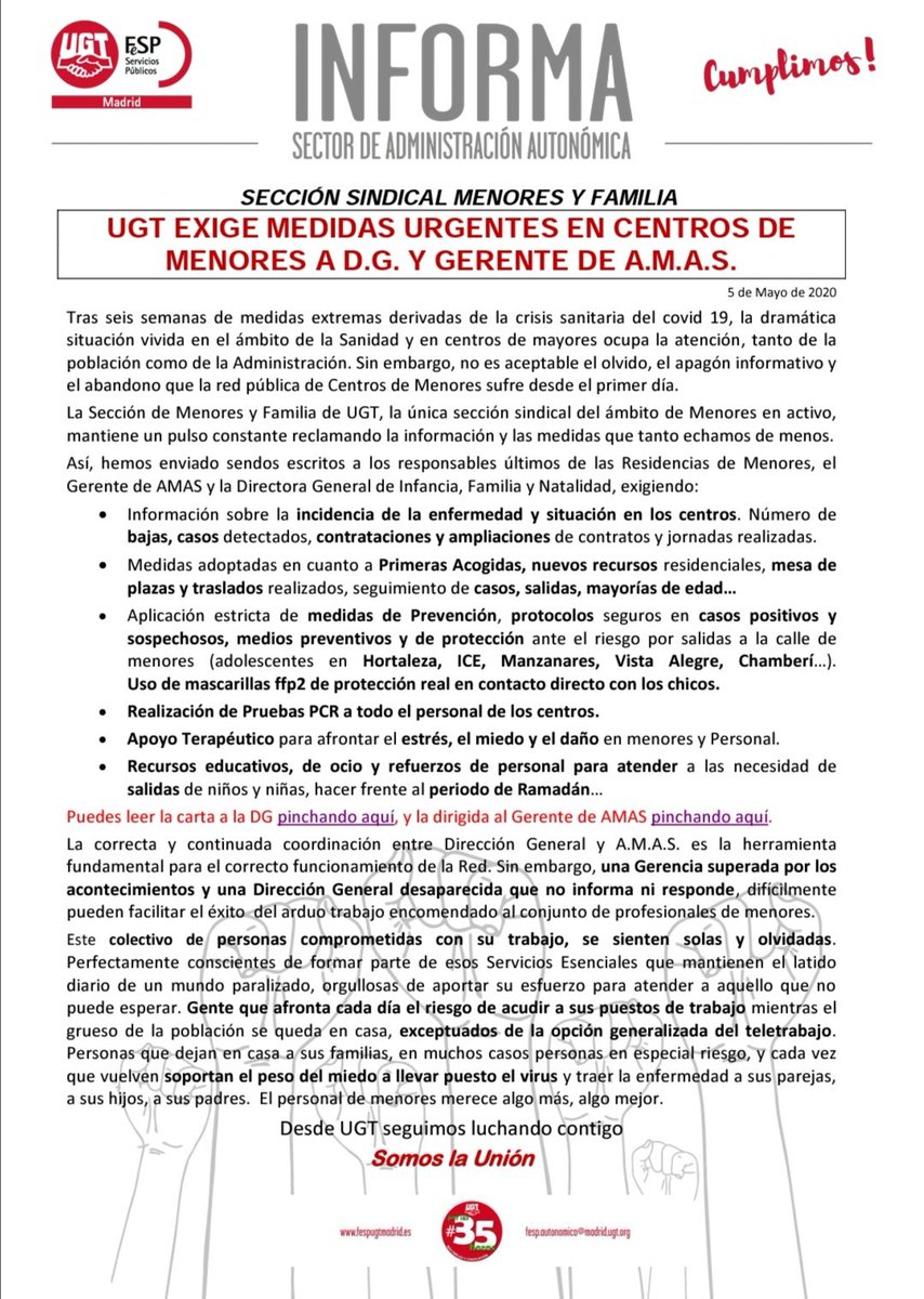 Tu_HacesUGT's tweet photo. Medidas urgentes en Centros de menores de la Comunidad de Madrid. https://t.co/C45RmIbqpe