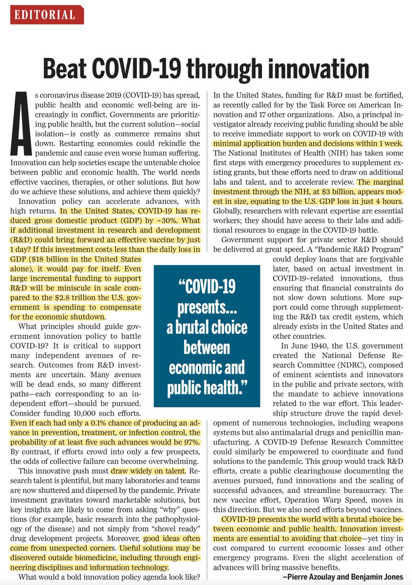 EricTopol's tweet photo. How do we make advances vs #Covid19
2 editorials @ScienceMagazine's new issue
1. Learn from HIV to build the toolkit, multiple drugs, behavior Δ , don't depend on any single magic bullet 
https://t.co/3SUKhNcocx
2. Innovate and science the hell out of it
https://t.co/KIyu2Olyf5 https://t.co/Y9iCMaPbGo