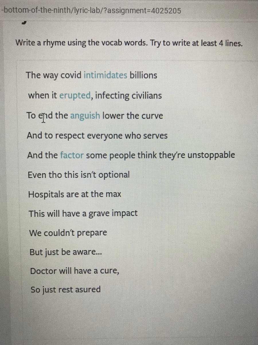 MTSDBSI_ACT's tweet photo. Jude’s @Flocabulary assignment about #COVID @EastamptonSD #onlinelearning https://t.co/BbQHg8EyEG