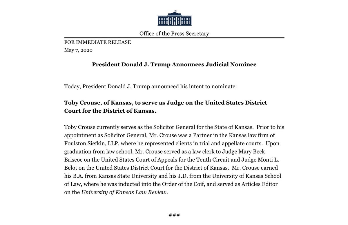 Screenshot of a press release from the White House reads: "President Donald J. Trump Announces Judicial Nominee. Today, President Donald J. Trump announced his intent to nominate: Toby Crouse, of Kansas, to serve as Judge on the United States District Court for the District of Kansas." It also includes a short bio of the nominee.