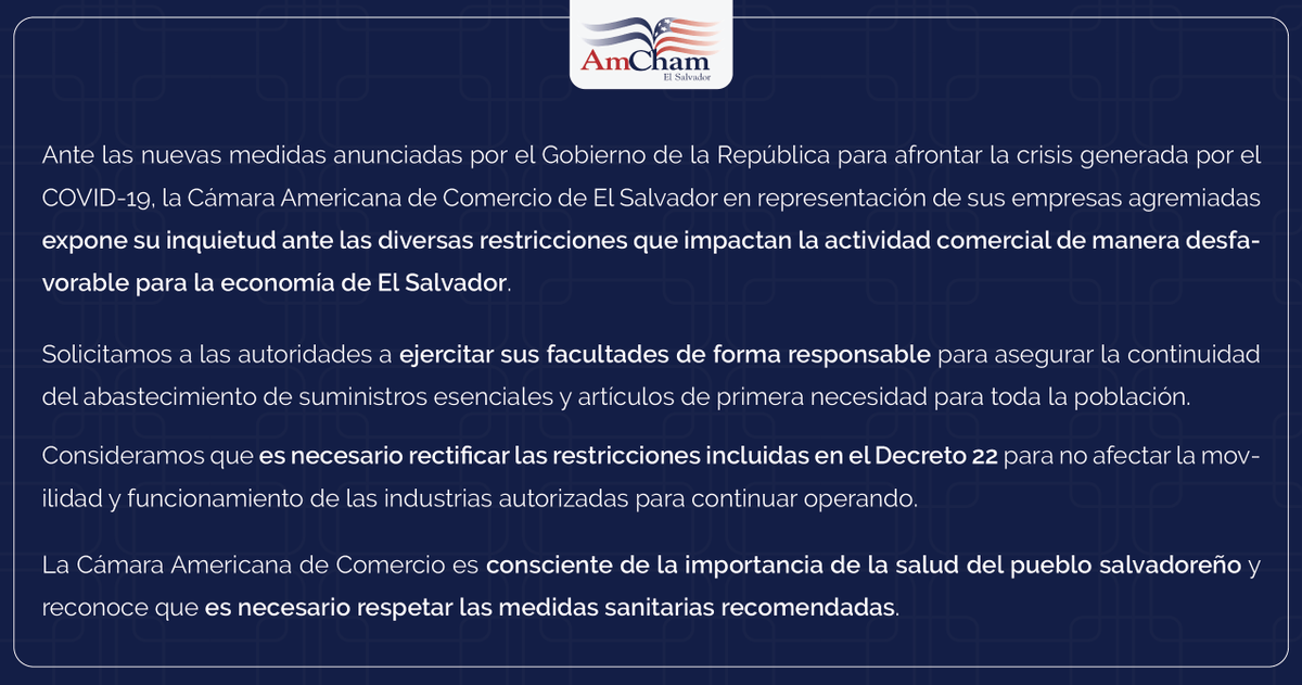AmChamSal's tweet photo. Pronunciamiento de AmCham El Salvador en referencia a las restricciones que afectan la cadena de distribución y abastecimiento. https://t.co/JBcQJ2twst