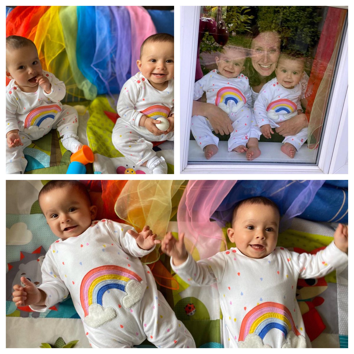 Rukster's tweet photo. @Joulesclothing our twin girls are loving your rainbow baby grows and are getting ready to clap for our carers!
#ClapForTheNHS #ClapForOurCarers https://t.co/EG340wJUb7