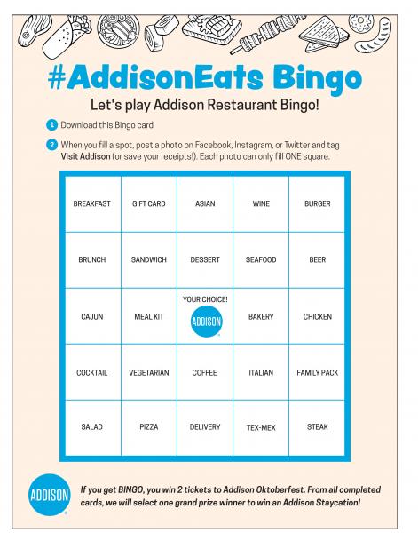 VisitAddison's tweet photo. We invite everyone to join us to play Addison Restaurant Bingo! View rules and start playing here: https://t.co/X6nKJDOVBn #VisitAddison #AddisonEats #AddisonTx https://t.co/Dn0v8GEbXi