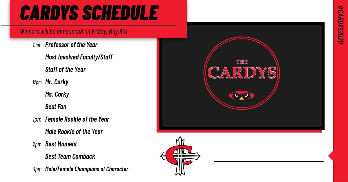 CUAACardinals's tweet photo. 🔴#CARDYS2020⚫️
Here's the schedule for the 2020 Cardys on Friday, May 8th!
‼️Follow all of tomorrow's coverage right here‼️
#GoCards https://t.co/bumUgqNkWp