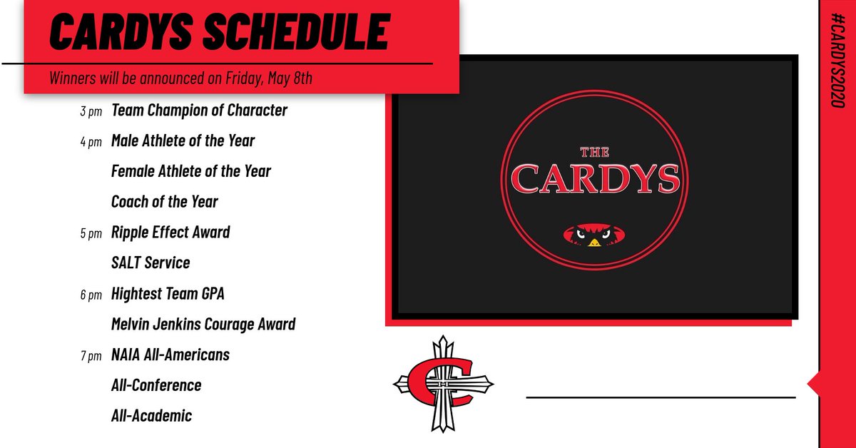 CUAACardinals's tweet photo. 🔴#CARDYS2020⚫️
Here's the schedule for the 2020 Cardys on Friday, May 8th!
‼️Follow all of tomorrow's coverage right here‼️
#GoCards https://t.co/bumUgqNkWp