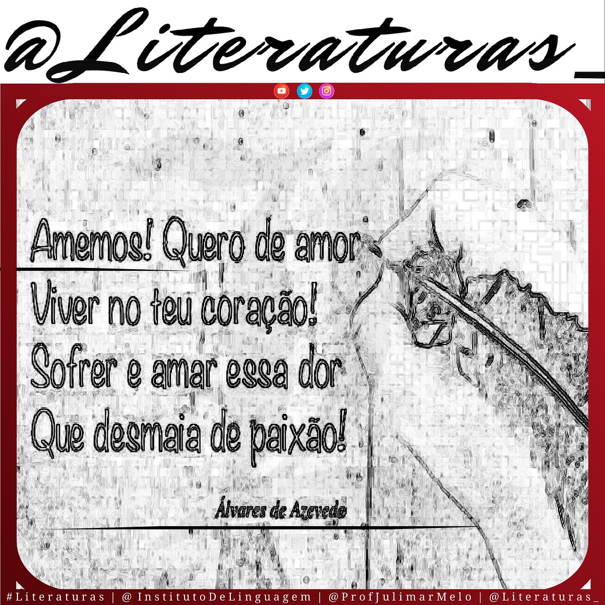 Literaturas_'s tweet photo. #Literaturas | #Estrofe do #poema #AMOR de Manuel Antônio #ÁlvaresDeAzevedo o qual foi um #escritor da segunda geração romântica, contista, #dramaturgo, #poeta, autor de diversas obras:
Amemos! Quero de amor
#Viver no teu #coração!
Sofrer e #amar essa dor
Que desmaia de #paixão! https://t.co/MM8KAyOkWW