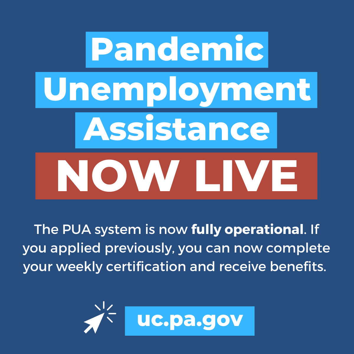 For the self-employed, gig-workers and independent contractors:  the Pandemic Unemployment Assistance website is now LIVE.

You can still apply for PUA, if you haven't already: uc.pa.gov/unemployment-b…
