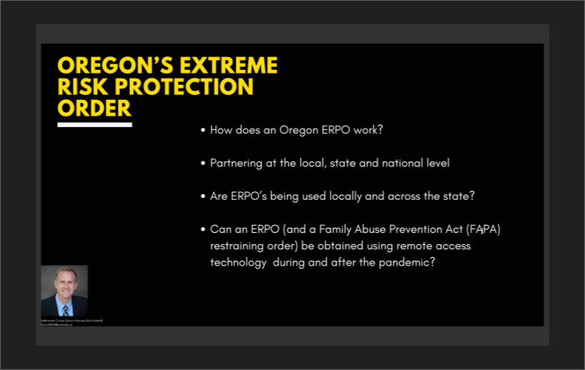 ProsecutorsAGV's tweet photo. VIRTUAL SUMMIT: Prosecutors Respond to COVID-19
Multnomah County District Attorney Rod Underhill with an overview of how Oregon has implemented and is utilizing Extreme Risk Protection Orders for gun violence prevention.
@multco #gunviolence #PAGV https://t.co/29TtPeQEXU