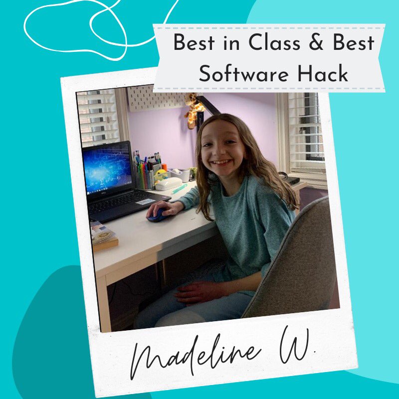 YouthCodeJam's tweet photo. Congratulations to Madeline W! Madeline won Best in Class and Best Software Hack in the elementary school division. Her app, “Bore No More!”, and the other projects can be found at https://t.co/RB5Nqf6hha #csforallkids #csforall #wecanjam #virtualcodejam https://t.co/ETAmNvAdUC