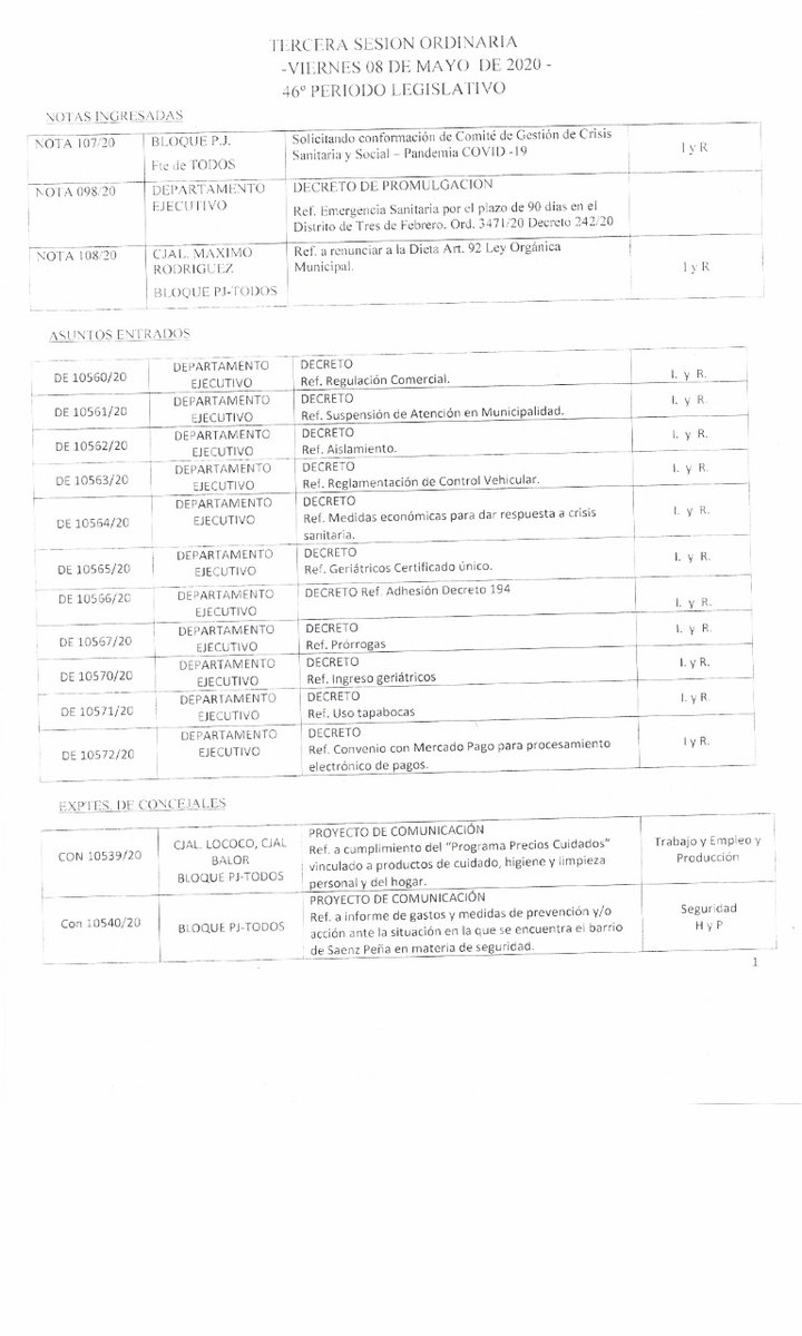 HCD3F's tweet image. Orden del día para la 3° Sesión Ordinaria del 2020.
@HCD3F
@sergioiacovino 
Se tomarán las medidas de protección y distanciamiento necesarias para cuidarnos entre todos.
Lo podes seguir en vivo por Facebook fb.me/HCD3F