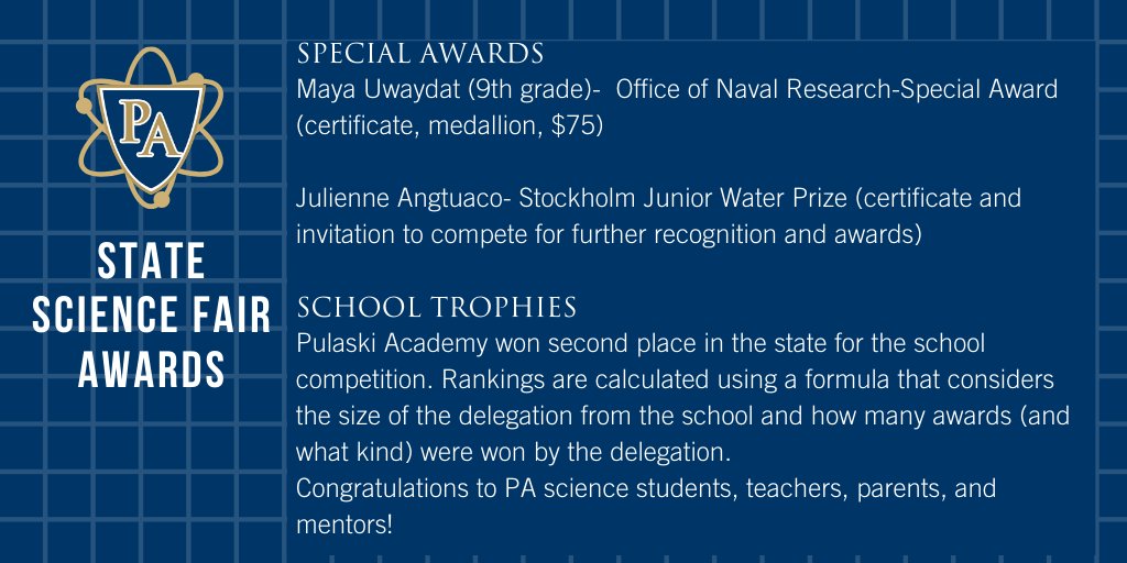 pulaskiacademy's tweet image. The Arkansas State Science Fair was held virtually this year during the month of April and here are the results from our @PA_Sciences students. Way to #PACompete and #PAAchieve! 🧪🥼👨‍🔬👩‍🔬
