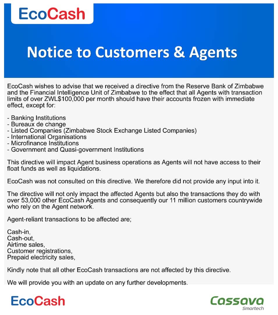 daddyhope's tweet photo. If you want to understand that the Zimbabwean economy has totally collapsed! Look at this!

The central bank @ReserveBankZIM is chasing mobile money agents who transact above Z$100k.
It is US$2000.

Where in the world would a government shut you down for handling US$2000 a month? https://t.co/JUBdnHbE76