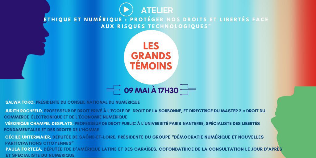 📅SAVE THE DATE

RDV Samedi à 17h30, atelier "Ethique &amp; numérique: protéger nos droits &amp; libertés face aux risques technologiques" avec <a href="/SalsaHayek/">Salwa TOKO</a> #JudithRochfeld #VeroniqueChampelDesplats

Échanges animés par <a href="/PaulaForteza/">Paula Forteza</a> &amp; <a href="/ceciluntermaier/">Cécile Untermaier</a> 

Infos👉lejourdapres.parlement-ouvert.fr/processes/atel…