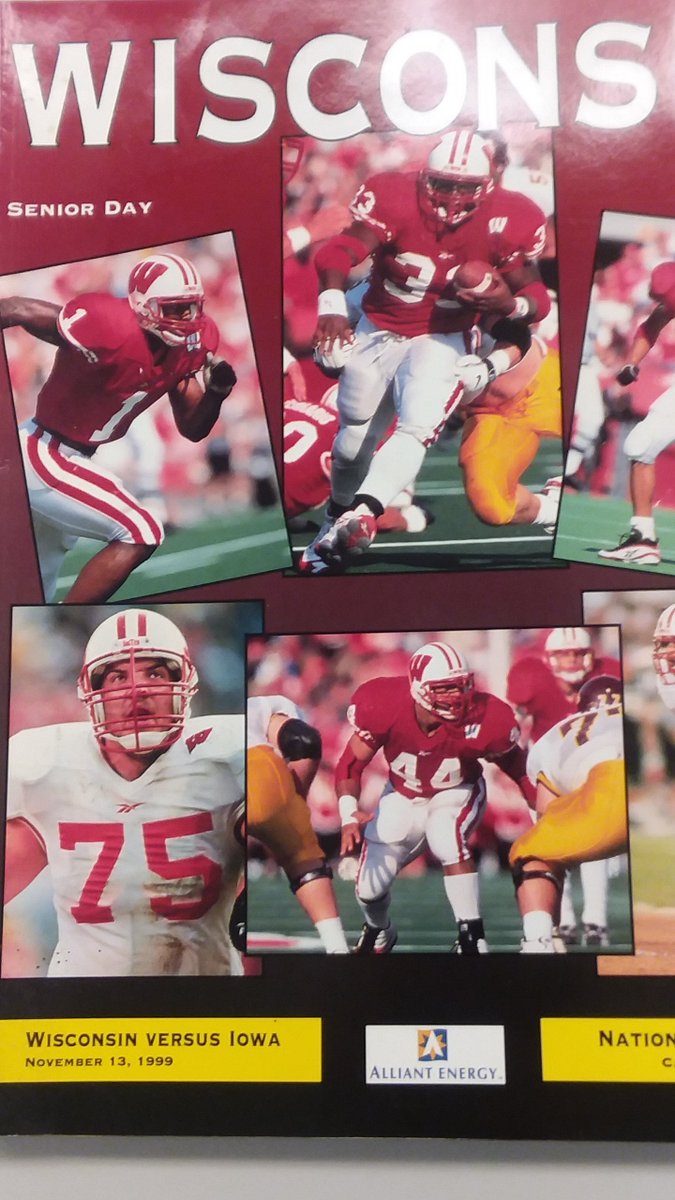 kurtsteffen30's tweet photo. This is the cover to a program for a warm November Senior Day in 1999 when Ron Dayne broke the rushing record and Bucky crushed the Hawkeyes. While Ron was the man he did have a great O line! It was a fun day to share with siblings!
#mcintosh #ferrario #rabach
#costa #tauscher https://t.co/GDWDWwWp31