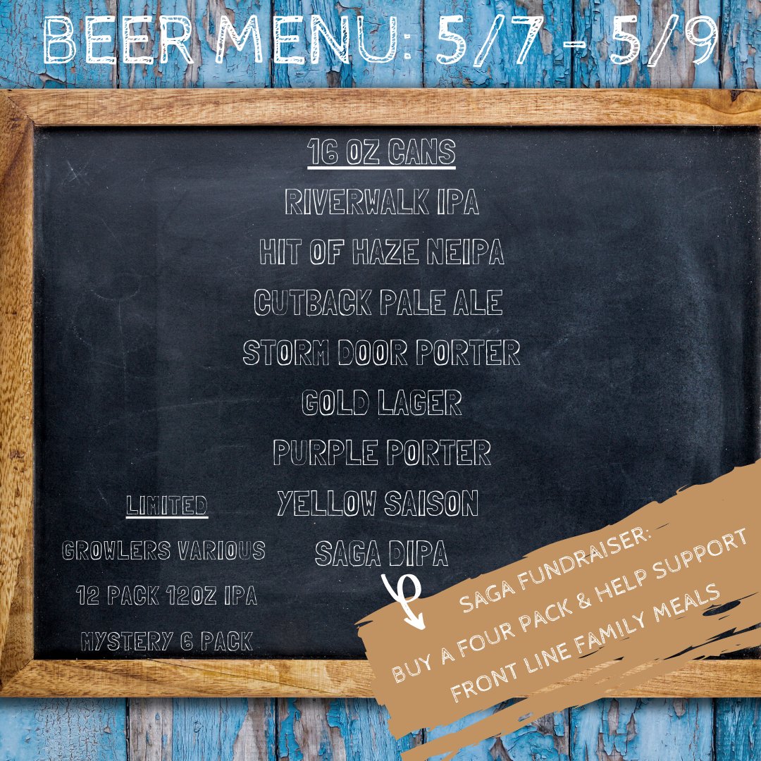 Weekend menu! #Drivethru for #beertogo Thursday, Friday and Saturday. SHOUT IT FROM THE MOUNTAIN TOPS: CUTBACK AND HIT OF HAZE ARE BACK! We've got you covered with something for every palate (over 21) #neipa #paleale #porter #lager #dipa #saison #ipa