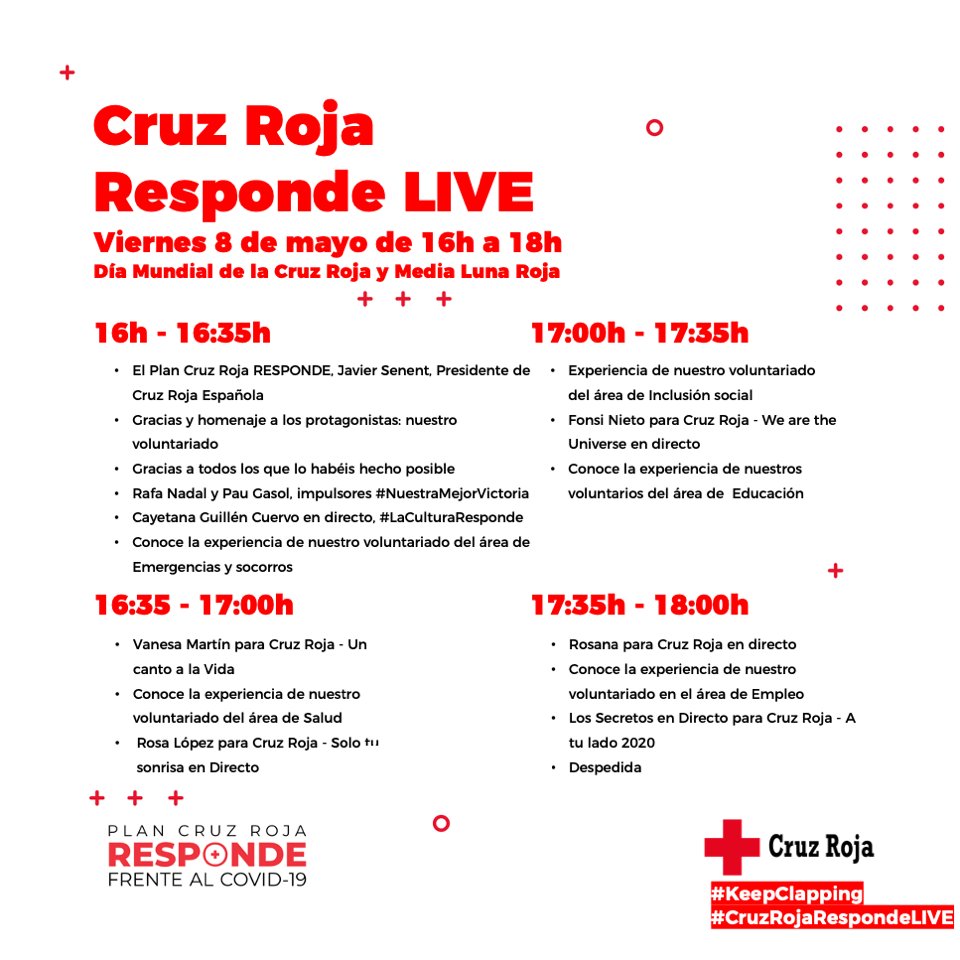 CruzRojaEsp's tweet photo. Mañana #8deMayo es el #DíaMundialCruzRoja

¡El momento perfecto para contarte en directo todo sobre nuestro plan #CruzRojaResponde en #CruzRojaRespondeLIVE! 

#QueSiganLosAplausos https://t.co/Sl2vAJipgz