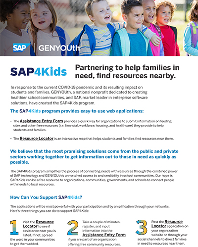 Did you hear about the new Resource Locator Map for families to quickly find school meal sites? Created in partnership with <a href="/GENYOUthNow/">GENYOUthNow</a> and #SAP4Kids, this new tool allows families to quickly locate school meal sites nearest them during school closures. bit.ly/ResourceLocato…