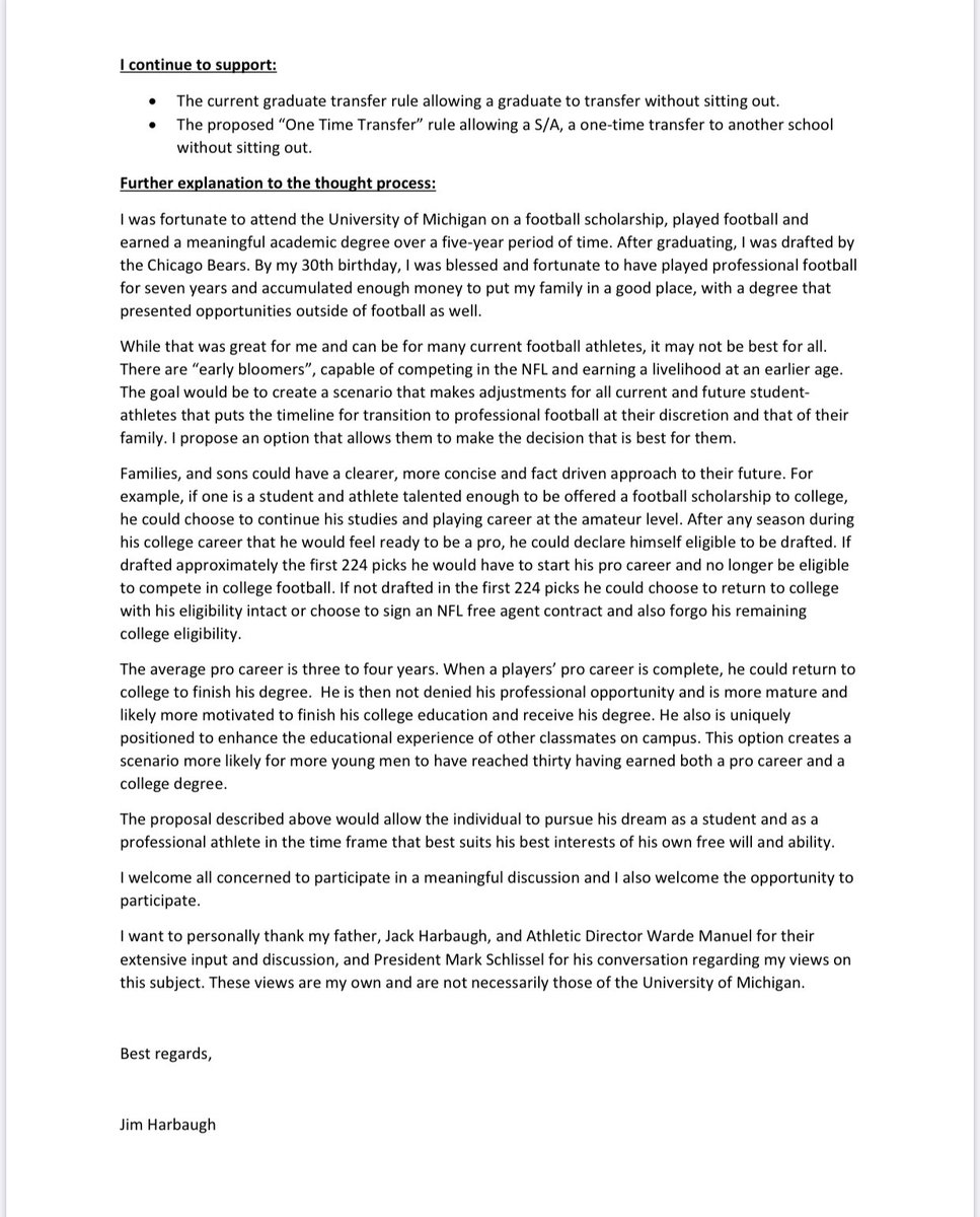 AdamSchefter's tweet photo. Jim Harbaugh wants to overhaul the rules of college eligibility of when is the right time to turn pro and enter the draft, as this letter shows. Baseball and hockey already have changed, and basketball is about to change, and Harbaugh wants to empower the student-athlete. https://t.co/lQLb10H8SR