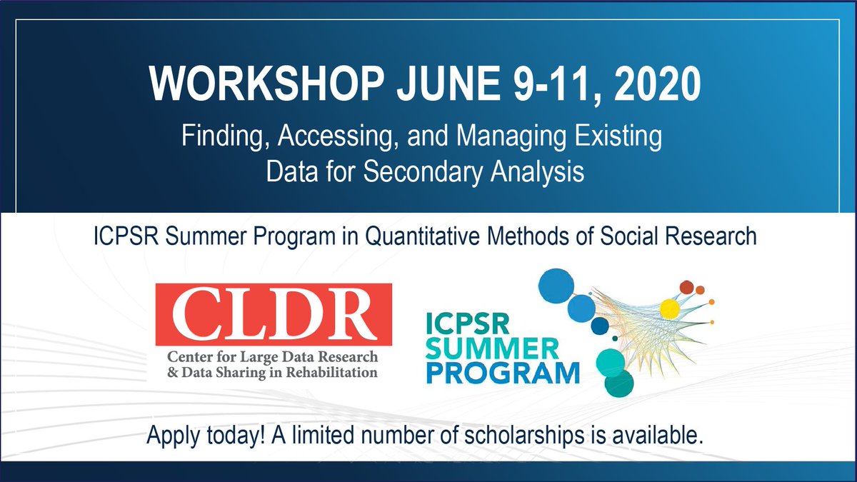 UTMB_RehabSci's tweet photo. SCHOLARSHIPS AVAILABLE, APPLY TODAY: ICPSR Summer Workshop - Finding, Accessing, and Managing Existing Data for Secondary Analysis, June 9-11, 2020
@ICPSR @ICPSRSummer #ADDEP #CLDR 

https://t.co/1abjuc8gxW https://t.co/vaHAQ8q6tv