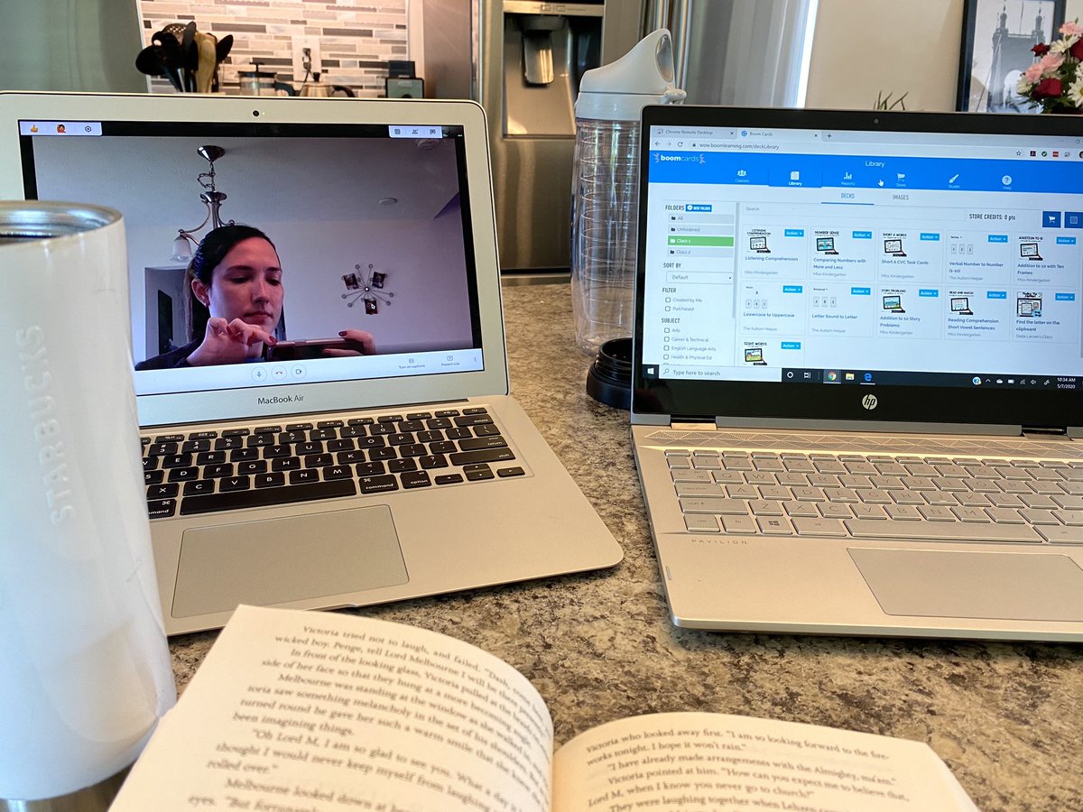 MrsWellingsRoom's tweet photo. Virtual teaching means getting creative. Two computers, remote desktops, boom cards, coffee and a good book between google meets are my essentials for this unusual teaching time. #myohioclassroom @BoomLearning https://t.co/C5inUi5Hdt
