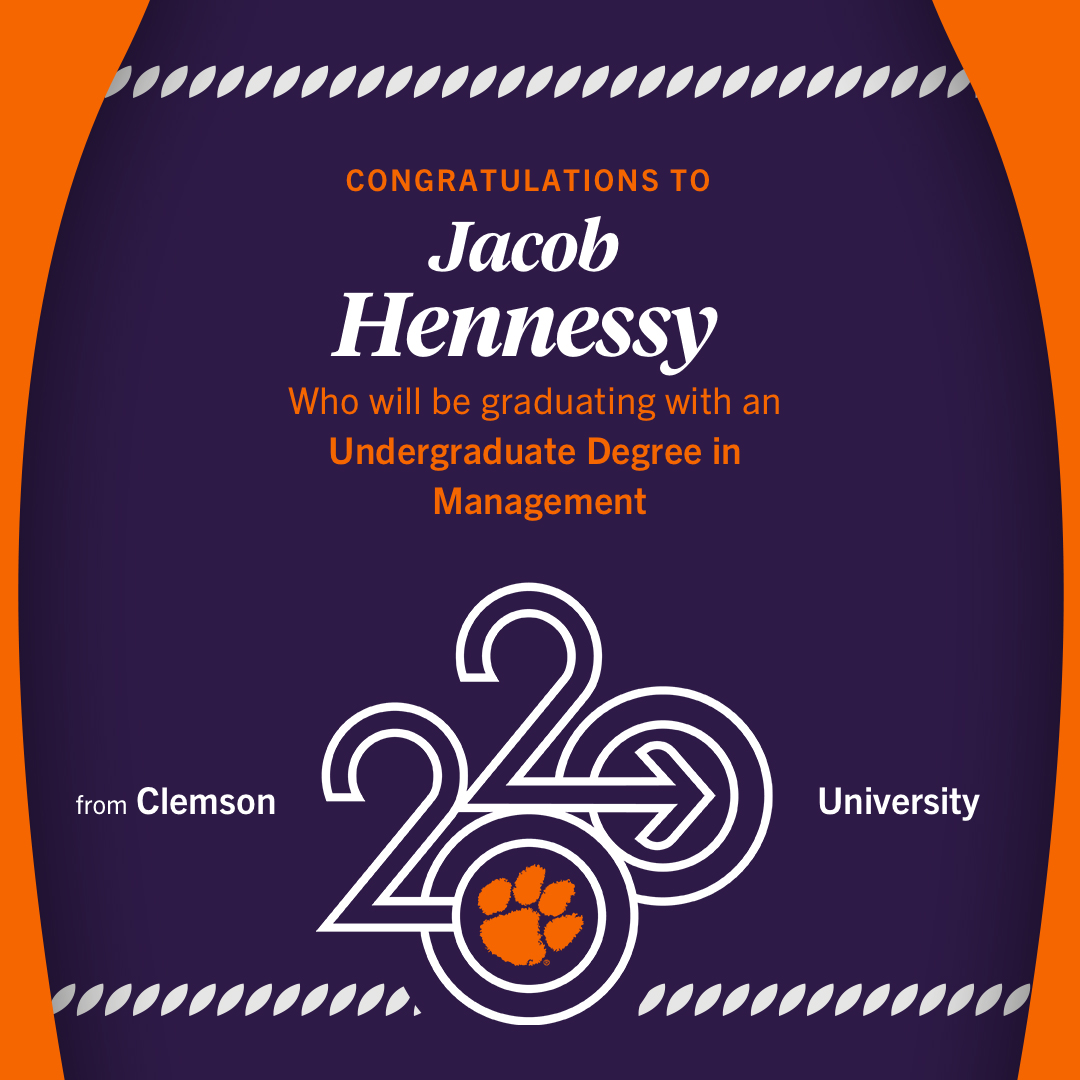 𝕵𝖆𝖈𝖔𝖇 𝕯𝖆𝖛𝖎𝖉 𝕳𝖊𝖓𝖓𝖊𝖘𝖘𝖞

Congratulations to the 2020 <a href="/ClemsonUniv/">Clemson University</a> graduate!

<a href="/jacobhennessy18/">Jacob Hennessy</a> is a two-time member of the ACC Academic Honor Roll who earned his degree in management.

🎓👏💯