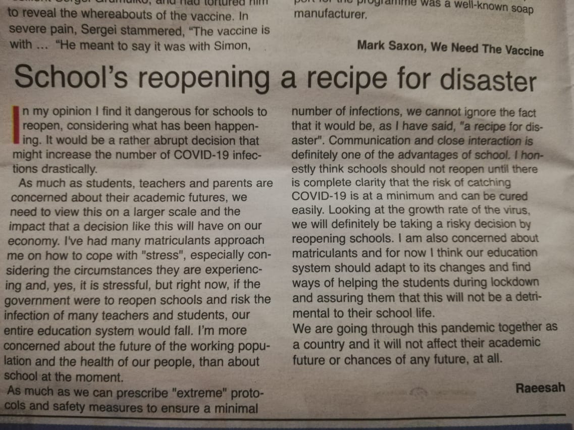 NadeemMahomed_'s tweet photo. Schools reopening a recipe for disaster.
Nicely said @raeesahmahomed_
@DBE_SA @MSCRisingSun @PresidencyZA @GovernmentZA
#level3 #lockdownextension #day42oflockdown #LearningToLiveWithout #Covid_19 #onlinelearning https://t.co/3ULmgZeVaU