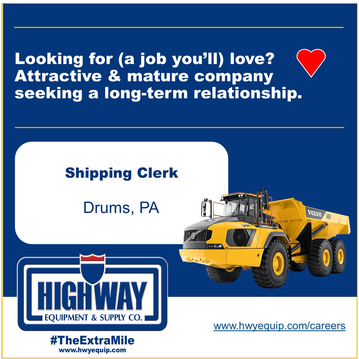 HwyEquip's tweet photo. Looking for (a career that you'll) love in all of the wrong places? Apply at https://t.co/Pk1h3POrOq. 
#hwyequip #shippingreceiving #jobopportunity https://t.co/P5ACuiInmW